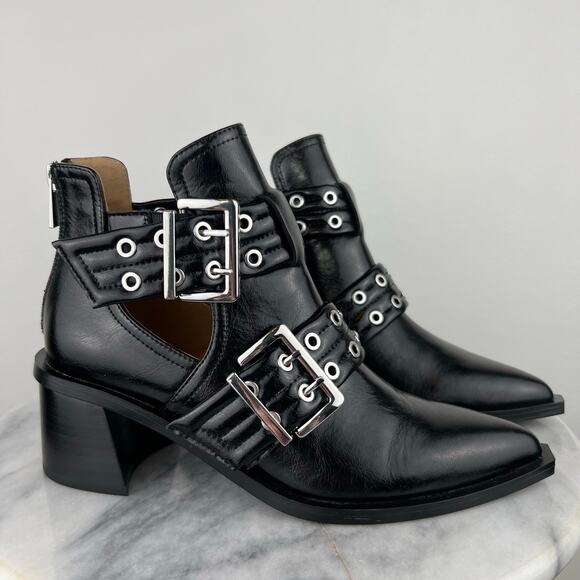 Steve Madden Like New Black Grazia Pointed Toe Silver Buckle Moto Bootie (Sz 8) - Picture 3 of 13